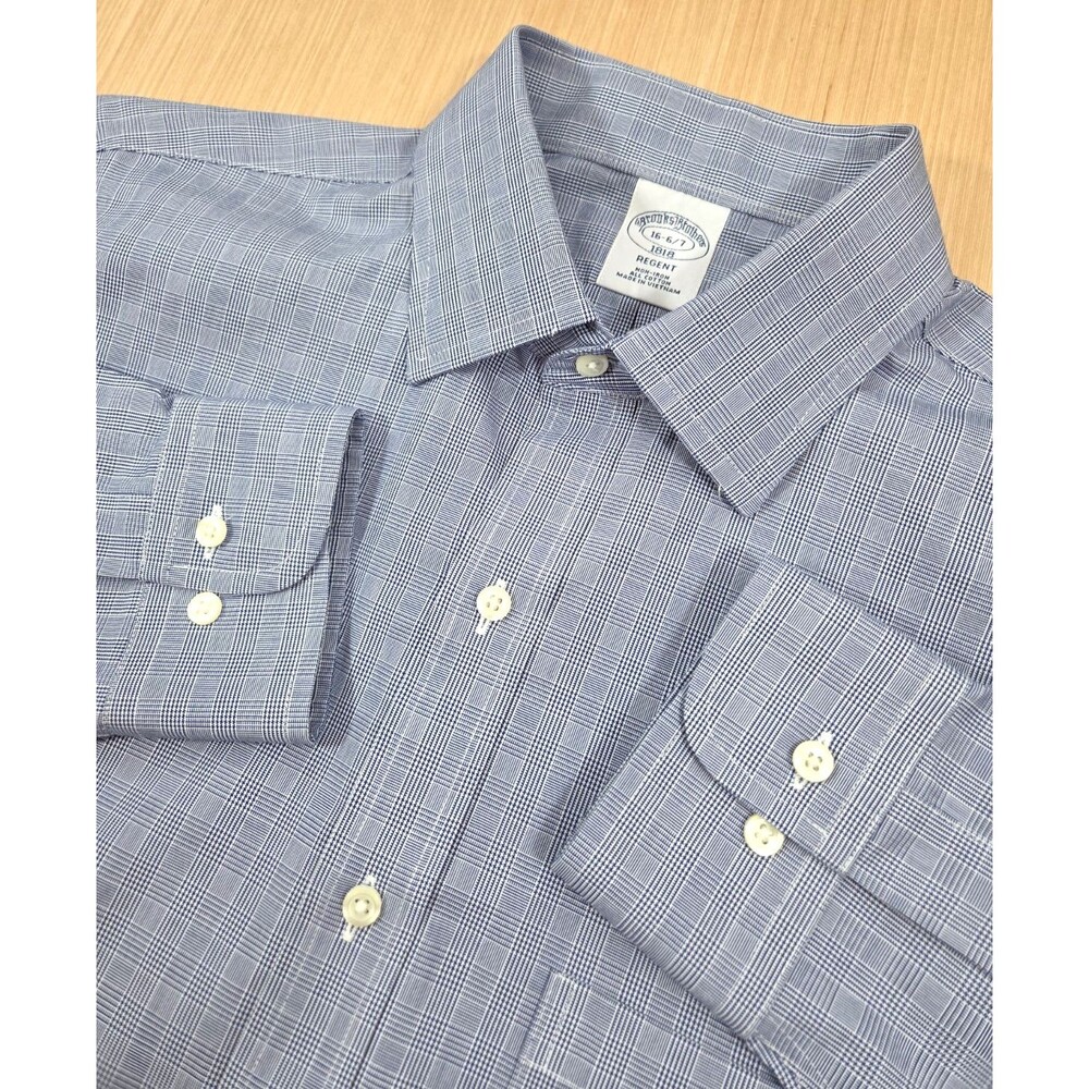 Brooks Brothers Shirt Men's 16 6/7 Regent Blue White Plaid Button Down Non Iron